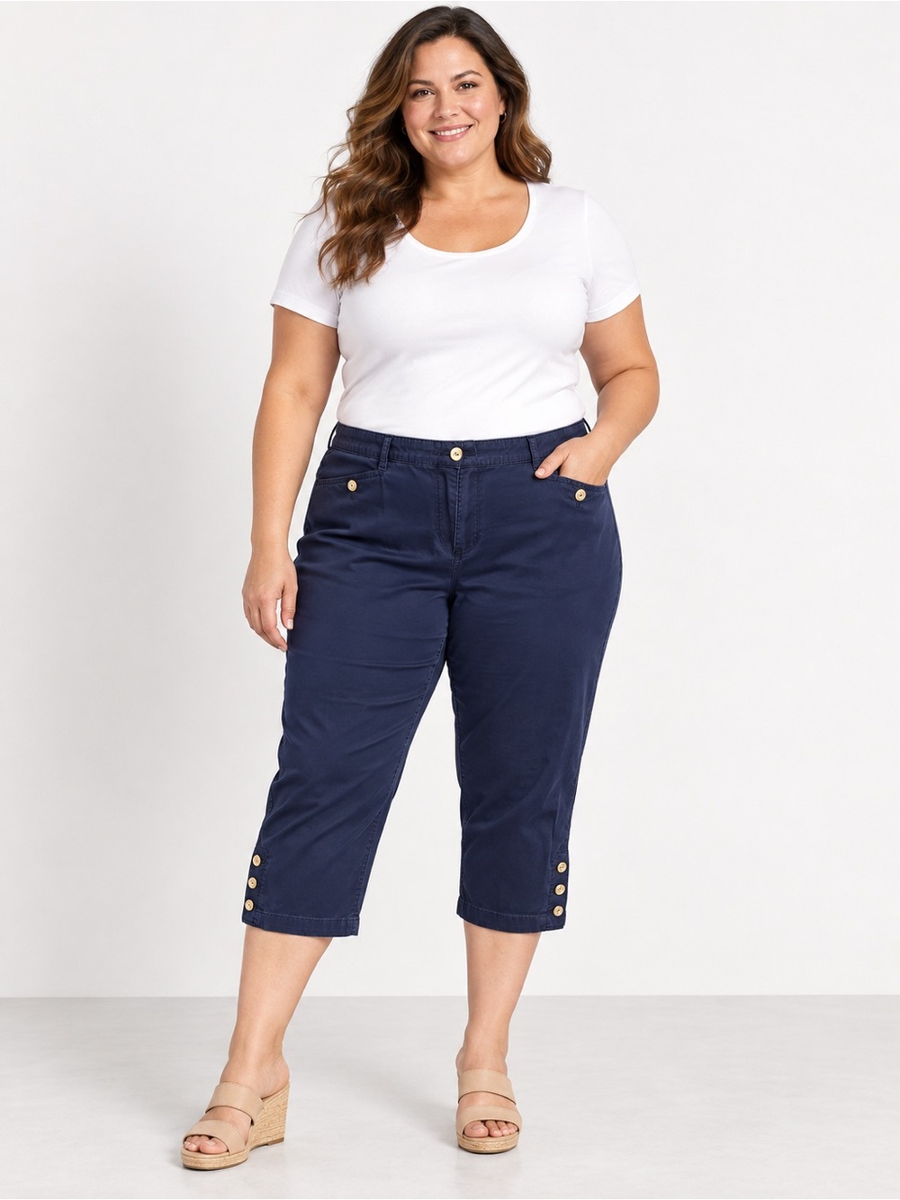 Karen Scott Dark Blue Stretch Capri Pants Gold Buttons Women’s 22W